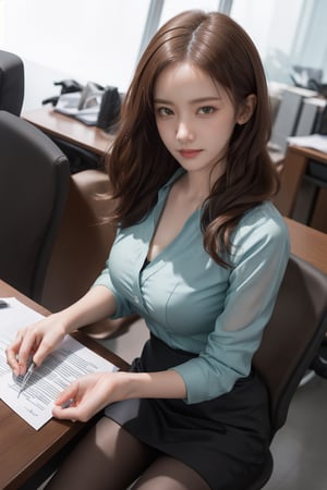 masterpiece, best quality, realistic, high_res, Real image of Fashion style, portrait of a lady photography,
1girl, (solo:1.5), hot, (signing the document:1.4), skirt, shirt, half mouth open, office lady, young, milf style, perfect female body, pantyhose, shot dress, office lady suits, (wearing glass:1.3), (medium breasts:1.3), detailed face, sharp focus, (selfie:1.3), simple background, blurred background, pefect detailed hands,yoona,hands