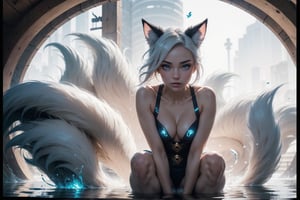 (masterpiece), 3/4 view, science fiction, scenery,a 20 yo woman, close view of body,blonde, (hi-top fade:1.3), (gold eyes, makeup), curly_hair, dark theme, soothing tones, nine fluffy tails, muted colors, high contrast, (natural skin texture, hyperrealism, soft light, sharp), hands_and_knees, gowling blue eyes,cats_eyes,ahri(league_of_legends)bangs,chinatsumura,girl,halloweentech,renaissance,HellAI,LinkGirl,blue eyes,realhands,More Detail,,Spirit Fox,glasstech, background water glossy bubble,Nine-tailed fox , spirit girl , fox spirit girl,High detailed , blue glowing energy around her,
