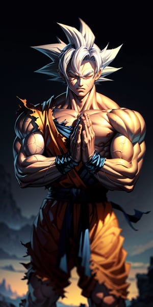 masterpiece, high quality, detailed lighting, son goku, (solo), 1boy, battle damage, (best quality), muscular, blue sky, blurry, blurry background, glacier, male focus, sky, solo, ultra instinct, white hair, torn clothes, (good hands), (masterpiece), anatomy, eyes closed, hands clasped in prayer, son goku, son goku, giant_this_guy