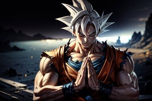 masterpiece, high quality, detailed lighting, son goku, (solo), 1boy, battle damage, (best quality), muscular, blue sky, blurry, blurry background, glacier, male focus, sky, solo, ultra instinct, RIP, white hair, torn clothes, (good hands), (masterpiece), anatomy, eyes closed, hands clasped in prayer, son goku, son goku, giant_this_guy