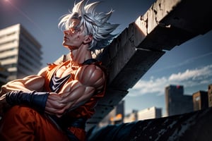 somber, mournful, memorial to fallen hero, 1boy, son goku (solo), battle damage, muscular, blue sky background, blurry background, concrete wall, male focus, sky, solo, ultra instinct, white hair, tattered clothes, (masterpiece), realistic anatomy, eyes downcast, leaning against wall, dejected pose, son goku, gigantic son goku