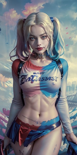 ((masterpiece, best quality)), harley quinn,margot robbie,mini skirt,sexy,curvy body,detailed face,perfect eyes,detailed hands,light background, nsfw, mix of fantasy and realistic elements,vibrant manga,uhd picture , crystal translucency, vibrant artwork,hourglass body shape,upshirt