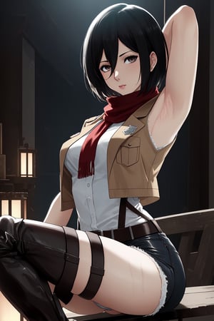 (masterpiece, best quality:1.2), solo, Mikasa Ackerman ,
Mikasa is a fairly tall and well-toned woman. She is of partial Asian heritage, with pale skin, gray eyes, and shaggy black hair that was long until she cut it to chin-length. 
a sleeveless white shirt, light brown jacket with the badge of the squad on both shoulders, on the front left pocket and on the center of the back, a light-colored shirt, a dark brown leather hip wrap skirt, and dark brown knee-high leather boots. a red scarf that she almost always wears.
Mikasa Ackerman, Smooth and flawless armpits, Smooth and flawless skin, 
(ultrahigh resolution textures), in dynamic pose, bokeh, (intricate details, hyperdetailed:1.15), detailed, HDR+, ,Xter, Mikasa Ackerman, european town background.,cool