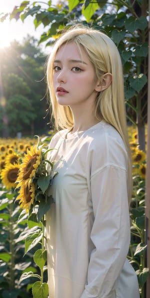 (masterpiece, best quality, highres:1.3), ultra resolution image, (1girl), (solo), kawaii, blonde hair, long flowing hair, elf, emerald eyes, gentle breeze, sunflowers, sunflower field, petal, sparkling magic, (soft sunlight:1.3), fantasy, nature accessories, happy