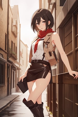 (masterpiece, best quality:1.2), solo, Mikasa Ackerman ,
Mikasa is a fairly tall and well-toned woman. She is of partial Asian heritage, with pale skin, gray eyes, and shaggy black hair that was long until she cut it to chin-length. 
a sleeveless white shirt, light brown jacket with the badge of the squad on both shoulders, on the front left pocket and on the center of the back, a light-colored shirt, a dark brown leather hip wrap skirt, and dark brown knee-high leather boots. a red scarf that she almost always wears.
Mikasa Ackerman, Smooth and flawless armpits, Smooth and flawless skin, 
(ultrahigh resolution textures), in dynamic pose, bokeh, (intricate details, hyperdetailed:1.15), detailed, HDR+, ,Xter, Mikasa Ackerman, european town background.