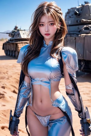 masterpiece, Best Quality, photorealistic, ultra-detailed, finely detailed, high resolution, 8K resolutions, raw photo, realism, perfect body, 1girl, solo, beautiful sexy super model, 23 years old, makeup, beautiful detailed face and eyes,  cinematic, wearing camo soldier combat and armor, at desert military camp, soft light, half body, standing, action pose,girl