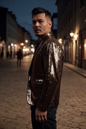 Johnny Depp, Sequin Button Split Long Sleeve Blazer, (photorealistic), cinematic film still. beautiful lighting, best quality, realistic, full length portrait, real image, intricate details, depth of field, 1 Italian man, scruff, handsomely tanned olive skin, highly detailed, captivating facial features, tall, anatomically correct, Fujifilm XT3, outdoors, open field, atmospheric glow, RAW photo, 8k uhd, film grain, 6000, male, Movie Still, photo r3al, Film Still, Cinematic, Cinematic Shot, Male focus, Italian Male, AngelicStyle, Cinematic Lighting, Germany Male, Muscular, France Male, European Country would you Like, 