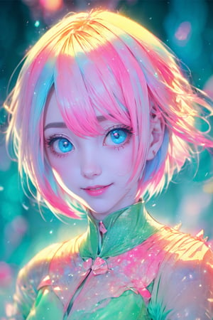 kawaiitech, plasttech, color pencil, pastel color, kawaii, cute colors, blue, synthetic, transparent, 1girl, pale skin, pink hair, glowing eyes, smile, closed mouth, bob cut, bookshop,plasttech,watercolor, vintage paper