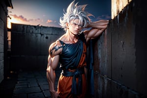 somber, mournful, memorial to fallen hero, 1boy, son goku (solo), battle damage, muscular, blue sky background, blurry background, concrete wall, male focus, sky, solo, ultra instinct, white hair, tattered clothes, (masterpiece), realistic anatomy, eyes downcast, leaning against wall, dejected pose, son goku, gigantic son goku