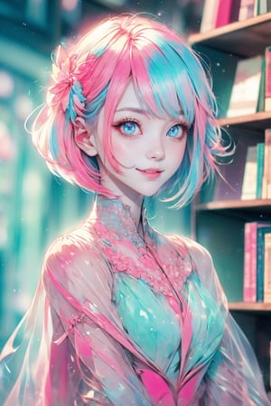 kawaiitech, plasttech, color pencil, pastel color, kawaii, cute colors, blue, synthetic, transparent, 1girl, pale skin, pink hair, glowing eyes, smile, closed mouth, bob cut, bookshop,plasttech,watercolor, vintage paper