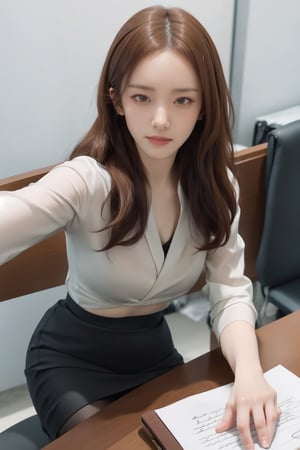 masterpiece, best quality, realistic, high_res, Real image of Fashion style, portrait of a lady photography,
1girl, (solo:1.5), hot, (signing the document:1.4), skirt, shirt, half mouth open, office lady, young, milf style, perfect female body, pantyhose, shot dress, office lady suits, (wearing glass:1.3), (medium breasts:1.3), detailed face, sharp focus, (selfie:1.3), simple background, blurred background, pefect detailed hands,yoona,realhands