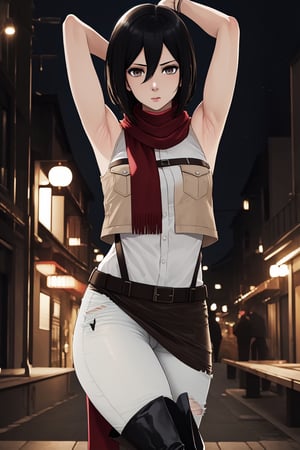 (masterpiece, best quality:1.2), solo, Mikasa Ackerman ,
Mikasa is a fairly tall and well-toned woman. She is of partial Asian heritage, with pale skin, gray eyes, and shaggy black hair that was long until she cut it to chin-length. 
a sleeveless white shirt, light brown jacket with the badge of the squad on both shoulders, on the front left pocket and on the center of the back, a light-colored shirt, a dark brown leather hip wrap skirt, and dark brown knee-high leather boots. a red scarf that she almost always wears.
Mikasa Ackerman, Smooth and flawless armpits, Smooth and flawless skin, 
(ultrahigh resolution textures), in dynamic pose, bokeh, (intricate details, hyperdetailed:1.15), detailed, HDR+, ,Xter, Mikasa Ackerman, european town background.,cool