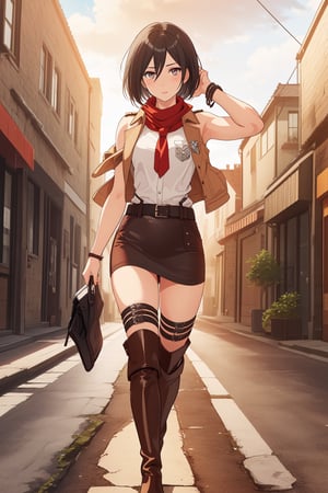 (masterpiece, best quality:1.2), solo, Mikasa Ackerman ,
Mikasa is a fairly tall and well-toned woman. She is of partial Asian heritage, with pale skin, gray eyes, and shaggy black hair that was long until she cut it to chin-length. 
a sleeveless white shirt, light brown jacket with the badge of the squad on both shoulders, on the front left pocket and on the center of the back, a light-colored shirt, a dark brown leather hip wrap skirt, and dark brown knee-high leather boots. a red scarf that she almost always wears.
Mikasa Ackerman, Smooth and flawless armpits, Smooth and flawless skin, 
(ultrahigh resolution textures), in dynamic pose, bokeh, (intricate details, hyperdetailed:1.15), detailed, HDR+, ,Xter, Mikasa Ackerman, european town background.
