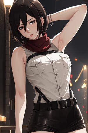 (masterpiece, best quality:1.2), solo, Mikasa Ackerman ,
Mikasa is a fairly tall and well-toned woman. She is of partial Asian heritage, with pale skin, gray eyes, and shaggy black hair that was long until she cut it to chin-length. 
a sleeveless white shirt, light brown jacket with the badge of the squad on both shoulders, on the front left pocket and on the center of the back, a light-colored shirt, a dark brown leather hip wrap skirt, and dark brown knee-high leather boots. a red scarf that she almost always wears.
Mikasa Ackerman, Smooth and flawless armpits, Smooth and flawless skin, 
(ultrahigh resolution textures), in dynamic pose, bokeh, (intricate details, hyperdetailed:1.15), detailed, HDR+, ,Xter, Mikasa Ackerman, european town background.,cool