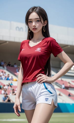 1girl, solo, long hair, breasts, 24 years old, looking at viewer, blue eyes, large breasts, shirt, black hair, holding, jewelry, standing, collarbone, white shirt, short sleeves, thighs, cowboy shot, sweat, earrings, outdoors, parted lips, sky, shorts, day, necklace, blurry, blue sky, hand on hip, short shorts, blurry background, watermark, forehead, ball, white shorts, sportswear, soccer uniform, stadium, soccer, boa hancock,realhands,hancock1