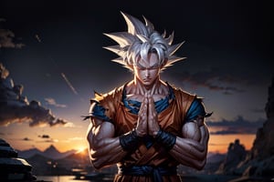 masterpiece, high quality, detailed lighting, son goku, (solo), 1boy, battle damage, (best quality), muscular, blue sky, blurry, blurry background, glacier, male focus, sky, solo, ultra instinct, white hair, torn clothes, (good hands), (masterpiece), anatomy, eyes closed, hands clasped in prayer, son goku, son goku, giant_this_guy