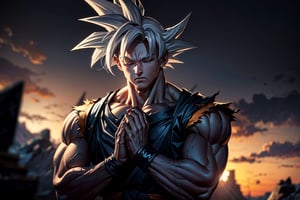 masterpiece, high quality, detailed lighting, son goku, (solo), 1boy, battle damage, (best quality), muscular, blue sky, blurry, blurry background, glacier, male focus, sky, solo, ultra instinct, white hair, torn clothes, (good hands), (masterpiece), anatomy, eyes closed, hands clasped in prayer, son goku, son goku, giant_this_guy