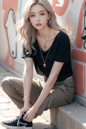 French girl,grey blonde hair(very long hair, curly_hair),hiphop dancer,wearing all black clothes (short sleeves loose fit top and cargo pants),sneakers, sitting at red brick wall(graffiti ),accessories(necklace,ear_rings),Best Quality, 32k, photorealistic, ultra-detailed, finely detailed, high resolution, perfect dynamic composition, beautiful detailed eyes, sharp-focus, cowboy_shot, 