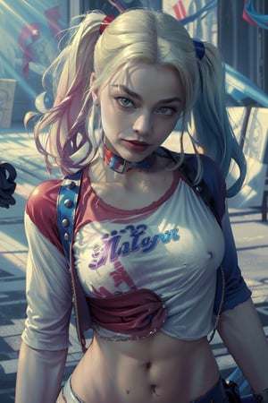 ((masterpiece, best quality)), harley quinn,margot robbie,mini skirt,sexy,curvy body,detailed face,perfect eyes,detailed hands,light background, nsfw, mix of fantasy and realistic elements,vibrant manga,uhd picture , crystal translucency, vibrant artwork,hourglass body shape,upshirt