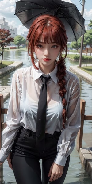 braided hair, 
black pants, red hair, top white shirts, 
black neck tie, wet top shirt, 
in rain park, alone, 1_girl, (smile:0.65), 
((front view:0.9)), (looking at down viewer:0.9),
(chubby:0.3), (medium breasts:0.8),
nsfw, povbathinfront,
makima\(chainsaw man\),