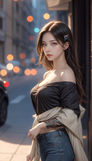 best quality, masterpiece, beautiful and aesthetic, 16K, (HDR:1.4), high contrast, bokeh:1.2, lens flare, (vibrant color:1.4), (muted colors, dim colors, soothing tones:0), cinematic lighting, ambient lighting, sidelighting, Exquisite details and textures, cinematic shot, Warm tone, (Bright and intense:1.2), wide shot, by playai, ultra realistic illustration, siena natural ratio, anime style, 	(fantasy theme:1.4), (sexy girl costume:1.3),	Waist-up Side-view,	very long Straight Light Brown hair,	Light green	loose-fitting, off-the-shoulder blouse, skinny jeans,	a beautiful Brazilian girl with a tattoo, 	gray eyes,	hairclip, 	super focus, face highlight, detailed face, 8k resolution, photo, face detail, in the style of photographer Helmut Newton, digital Art, perfect composition, beautiful detailed intricate insanely detailed octane render trending on artstation, 8 k artistic photography, photorealistic concept art, soft natural volumetric cinematic perfect light, chiaroscuro, award - winning photograph, masterpiece, oil on canvas, raphael, caravaggio, greg rutkowski, beeple, beksinski, giger