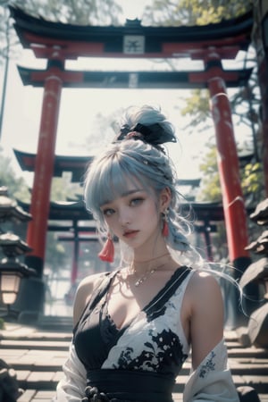 (Masterpiece, highest quality, ultra-detailed, 16K, high contrast, HDR, vibrant color, RAW photo, (photorealistic:1.2), beautiful and aesthetic), cinematic lighting, medium breasts, tall and slim body, (((Genshin Impact, Ayaka, ayakadef, long pale white blue hair))), glowing hair, looking at the viewer, futuristic, elegant, glowing, magical, scenic, landscape, iconic, Japanese ancient streets, torii, bonsai forest, scifi, neotokyo, (yinyangtech, yinyang, water flow), midjourney, close up portrait,1 girl,milf