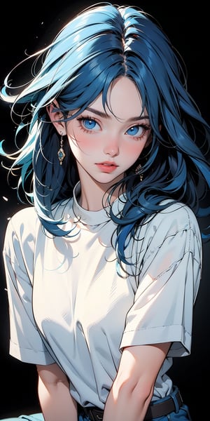 masterpiece, best quality, beautiful eyes, clear eyes, detailed eyes, Blue-eyes, 1girl, 20_old, full-body, break, smoking, break, high_color, blue-hair, beauty, black-boots,break, break, Flat vector art, Colorful art, white_shirt, simple_background, blue_background, Ink art,peeking out upper body,Eyes, 