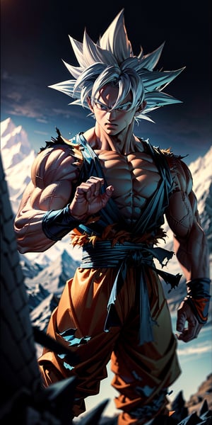 masterpiece, high quality, detailed lighting, son goku, (solo), 1boy, battle damage, (best quality), muscular, blue sky, blurry, blurry background, glacier, male focus, sky, solo, ultra instinct, white hair, torn clothes, (good hands), (masterpiece), anatomy, , son goku,son goku,giant_this_guy