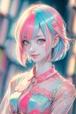 kawaiitech, plasttech, color pencil, pastel color, kawaii, cute colors, blue, synthetic, transparent, 1girl, pale skin, pink hair, glowing eyes, smile, closed mouth, bob cut, bookshop,plasttech,watercolor, vintage paper