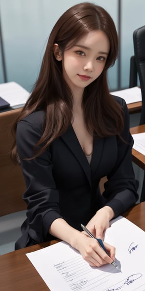 masterpiece, best quality, realistic, high_res, Real image of Fashion style, portrait of a lady photography,
1girl, (solo:1.5), hot, (signing the document:1.4), skirt, shirt, half mouth open, office lady, young, milf style, perfect female body, pantyhose, shot dress, office lady suits, (wearing glass:1.3), (medium breasts:1.3), detailed face, sharp focus, (selfie:1.3), simple background, blurred background, pefect detailed hands,yoona