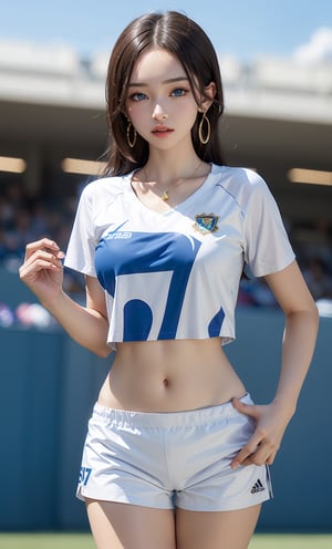 1girl, solo, long hair, breasts, 24 years old, looking at viewer, blue eyes, large breasts, shirt, black hair, holding, jewelry, standing, collarbone, white shirt, short sleeves, thighs, cowboy shot, sweat, earrings, outdoors, parted lips, sky, shorts, day, necklace, blurry, blue sky, hand on hip, short shorts, blurry background, watermark, forehead, ball, white shorts, sportswear, soccer uniform, stadium, soccer, boa hancock,realhands,hancock1