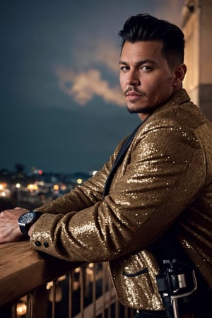 Johnny Depp, Sequin Button Split Long Sleeve Blazer, (photorealistic), cinematic film still. beautiful lighting, best quality, realistic, full length portrait, real image, intricate details, depth of field, 1 Italian man, scruff, handsomely tanned olive skin, highly detailed, captivating facial features, tall, action pose, anatomically correct, Fujifilm XT3, outdoors, open field, atmospheric glow, RAW photo, 8k uhd, film grain, 6000, male, Movie Still, photo r3al, Film Still, Cinematic, Cinematic Shot, Male focus, Italian Male, AngelicStyle, Cinematic Lighting, Germany Male, Muscular, France Male, European Country would you Like, 