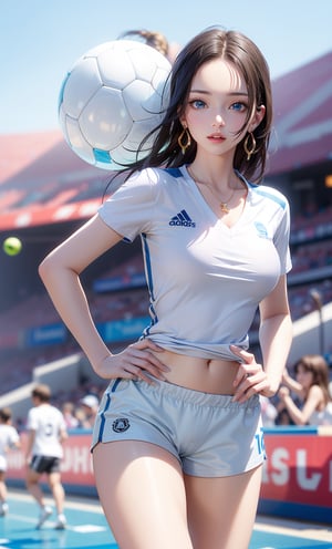1girl, solo, long hair, breasts, 28 years old, looking at viewer, blue eyes, large breasts, shirt, black hair, holding, jewelry, standing, collarbone, white shirt, short sleeves, thighs, cowboy shot, sweat, earrings, outdoors, parted lips, sky, shorts, day, necklace, blurry, blue sky, hand on hip, short shorts, blurry background, watermark, forehead, ball, white shorts, sportswear, soccer uniform, stadium, soccer, boa hancock,realhands,hancock1
