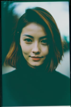 xxmix_girl,portrait of a woman,polaroid,film, graininess,smile,cold,dark theme