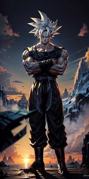 sorrowful, mourning, memorial to a great person, 1boy, son goku (solo), battle damage, muscular, blue sky background, blurry background, glacier, male focus, sky, solo, ultra instinct, white hair, tattered clothes, (good hands), (masterpiece), accurate anatomy, eyes closed, hands clasped in prayer, son goku, gigantic son goku