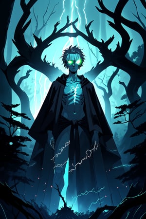 portrait of a pale-skinned undead, he standing in haunted forest, dead tree, medium light, highly detailed, 8k, flat expression, glowing green eyes, wear a black robe, baldr,blend, torso shot, bokeh, lots of lightning in the sky