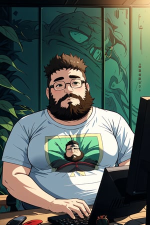 A pograit of fat guy, sit, a,anime t shirt, full beard in front of computer, weord expression, green wall, glasses