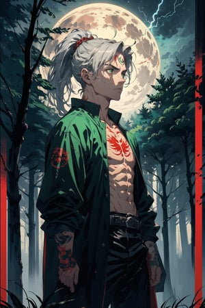 potrait a man standing on a forest, topless, tatoos in body, light red skin, green eyes, haunted forest background, 35 year age, lot trees on background, lot animal in background, ponytail hair, serious expression, midnight, fullmoon blood, lot lightning in sky, silver hair