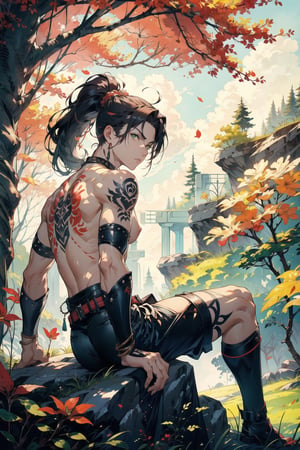 potrait a man riding sitting on a rock, topless, tatoos in body, light red skin, green eyes, pre historis background, 35 year age, sunny days, lot trees on background, lot animal in background, ponytail hair, serious expression