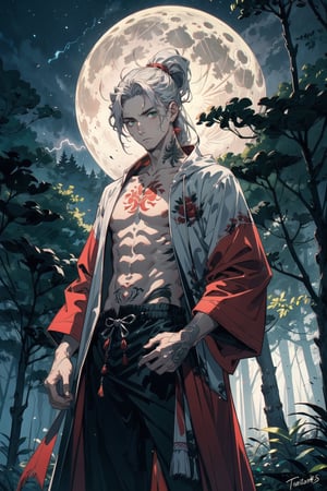 potrait a man standing on a forest, topless, tatoos in body, light red skin, green eyes, haunted forest background, 35 year age, lot trees on background, lot animal in background, ponytail hair, serious expression, midnight, fullmoon blood, lot lightning in sky, silver hair