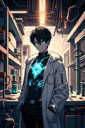 A portrait of a guys wearing a fur collar jacket, french crop hair , 17 years old of age , he standing in laboratory full of robots,  medium light, highly detailed, 8k, flat expression, glowing green eyes, wear a lab coat also, black hair,blend, torso shot, bokeh