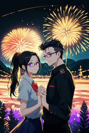 A potrait two male and female couples wearing school uniforms, the two stared at each other, they join hands, black hair colour, both of them wore glasses, male quiff haircut, female ponytail hair, 17 year age,  ground fork, low light, highly detailed 8k, smile expression, glowing purple eyes, midjourney, ranch backround, firework background, night, lot star on background, switzerland flag, bokeh, midjourney, there are some people on background, summer day, glow eyes,High detailed 