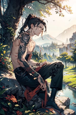 potrait a man riding sitting on a rock, topless, tatoos in body, light red skin, green eyes, pre historis background, 35 year age, sunny days, lot trees on background, lot animal in background, ponytail hair, serious expression