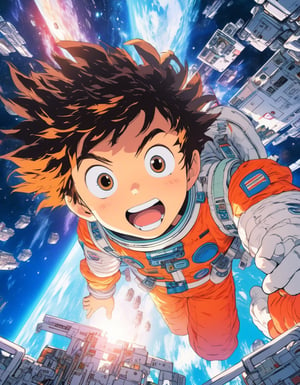 Anime artwork. Close-up. 1boy floating inside space station, art by Hideaki Sorachi, anime style, key visual, vibrant, studio anime, highly detailed