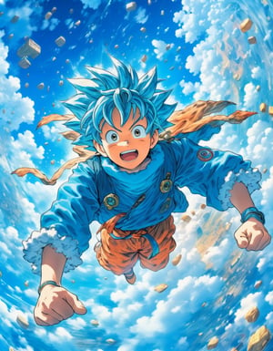 Anime artwork. Close-up. 1boy floating between blue sky, art by Akira Toriyama, anime style, key visual, vibrant, studio anime, highly detailed