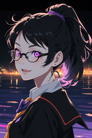 A portrait of girl wearing school uniform, black hair colour, ponytail hair, 17 year age, wearing glasses, bright lighting, ground fork, low light, highly detailed 8k, happy expression, glowing purple eyes, midjourney, school backround, lot student on background, High detailed 