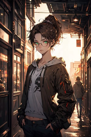 A potrait girl with hoodie, 25 years old of age,  he is standing in the middle of futuristic city,  high light,  highly detailed,  8k,  flat face expression,  green eyes,  brown hair , blend,  torso shot,  bokeh,  (hdr:1.4),  high contrast,  ryanBS_soul3142,  light_brown_hair, good anatomy, high detailed, ponytail hair, wearing glasses