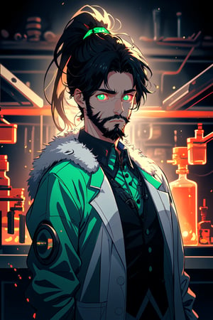 A portrait of a guys wearing a fur collar jacket, ponytail hair , beard, 28 years old of age , he standing in laboratory full of robots,  medium light, highly detailed, 8k, flat expression, glowing green eyes, wear a lab coat also, black hair,blend, torso shot, bokeh