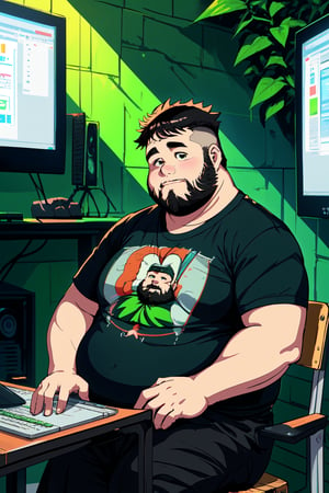 A pograit of fat guy, sit, a,anime t shirt, full beard in front of computer, weord expression, green wall