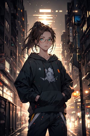 A potrait girl with hoodie, 25 years old of age,  he is standing in the middle of futuristic city,  high light,  highly detailed,  8k,  flat face expression,  green eyes,  brown hair , blend,  torso shot,  bokeh,  (hdr:1.4),  high contrast,  ryanBS_soul3142,  light_brown_hair, good anatomy, high detailed, ponytail hair, wearing glasses